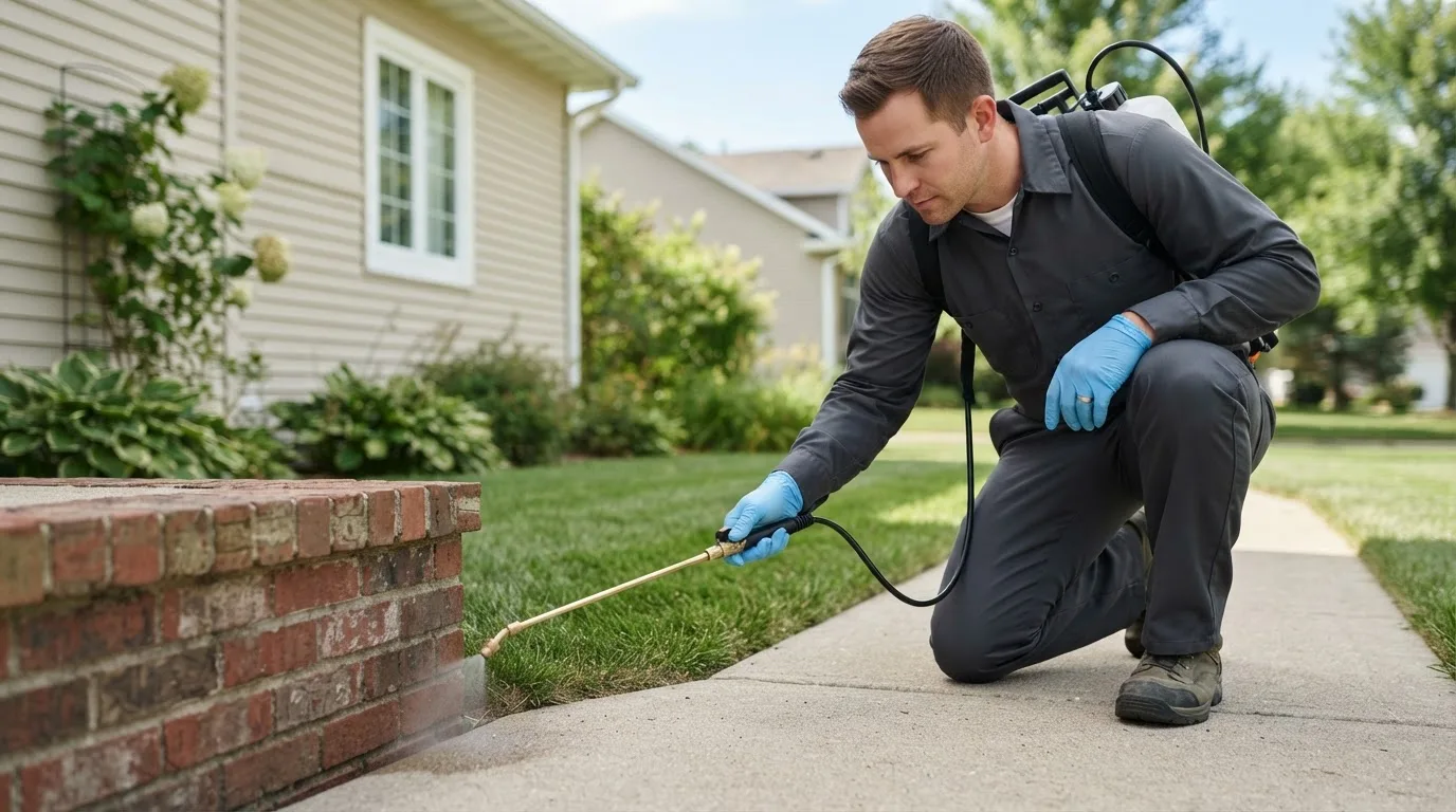 Pest control technician treating a home near Hebron, IL